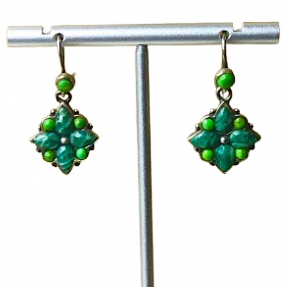 VINTAGE BARSE Green Turquoise Malachite Sterling Silver Floral Drop Earrings - Picture 9 of 9
